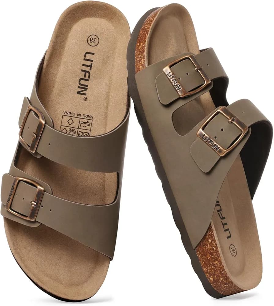 Unisex Cork Footbed Sandal Summer Slip On Slide Sandals with Adjustable Buckle for Women