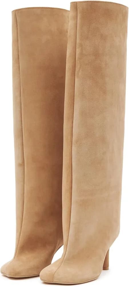 Women's Suede Knee High Boots Square Toe Stiletto Heels Wide Calf Tall Boots
