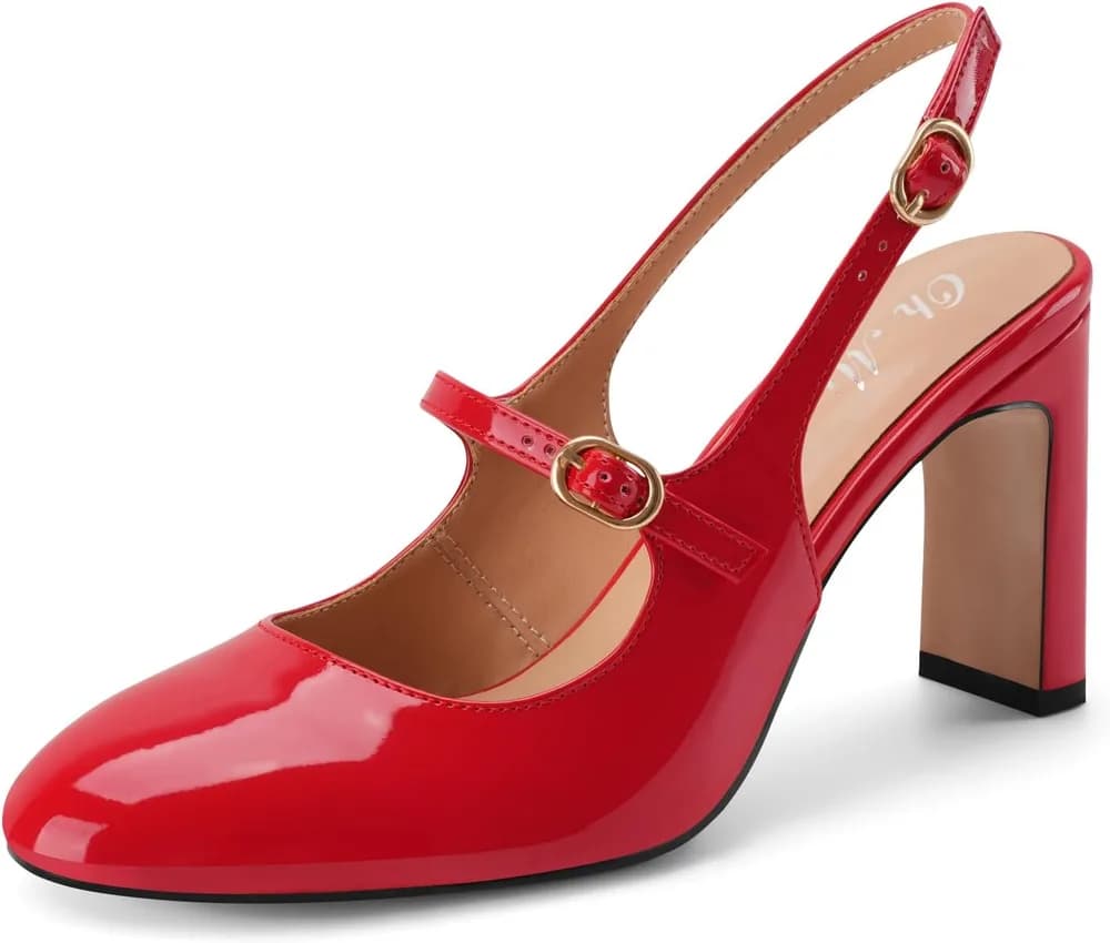 Women's Slingback Chunky Block High Heels Mary Jane Style Closed Round Toe Pumps Patent Leather Buckle Strap Dress Shoes