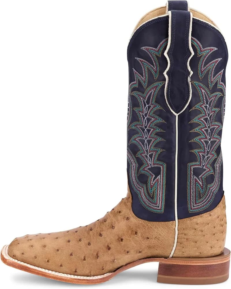 Boot Company Men`s Chisolm Tan Full Quill Ostrich 13in Navy Blue Cowhide Top