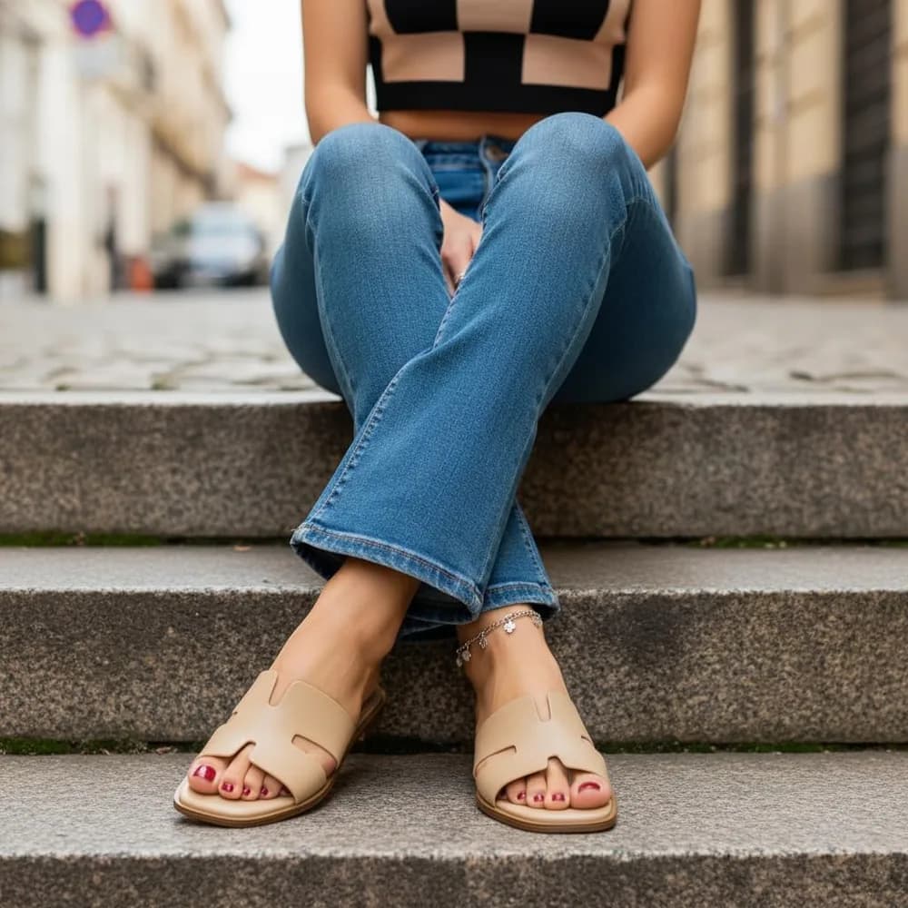 Voyage Cutout Strap Slides for Women, Slip On Summer Flats, Trendy Footwear, Memory Foam Vegan Leather Comfortable Vacation Style Sandals