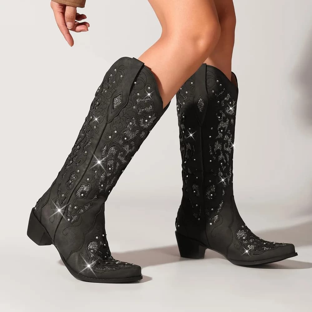 Cowboy Boots for Women, Mid Calf Cowgirl Boot Rhinestone, Comfortable Chunky Heel Western Boot with Glitter, Sparkle Boot for Dressy Woman