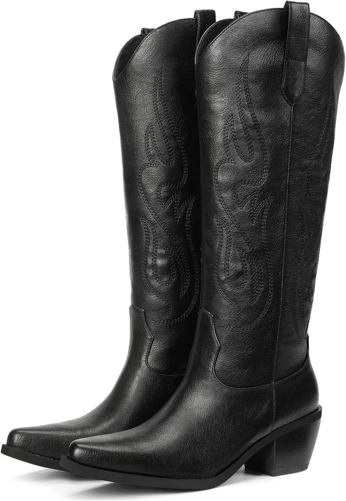 Western Cowboy Boots for Women - Knee High Wide Calf Cowgirl Boots, Slip On Pointed Toe Chunky Heel Fashion Retro Classic Pull On Tall Boot for ladies Party concert