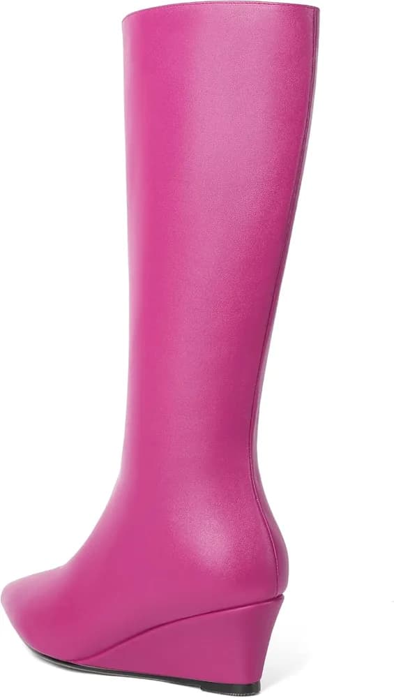 Womens Pointed Toe Office Casual Zip Matte Solid Wedge Low Heel Mid Calf Boots 2 Inch