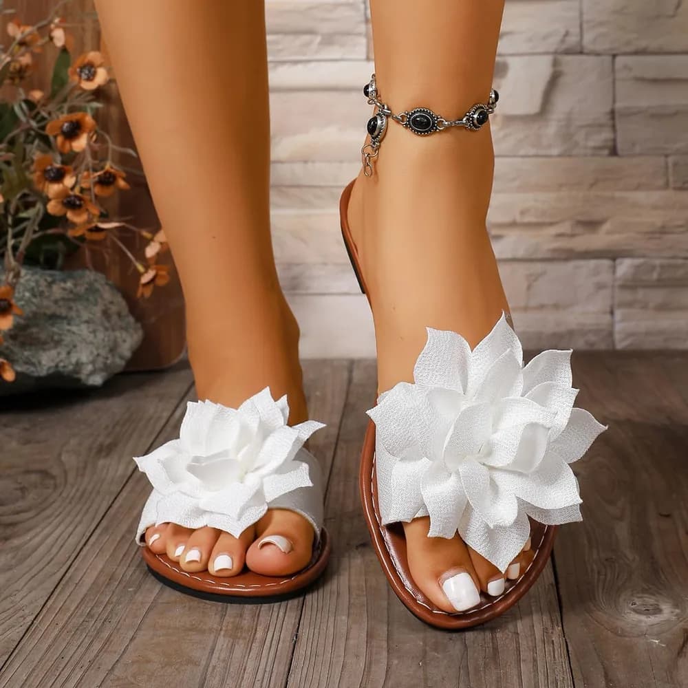 Women's Round Toe Flower Flat Sandals, Soft Slides Open-Toe Summer Slippers