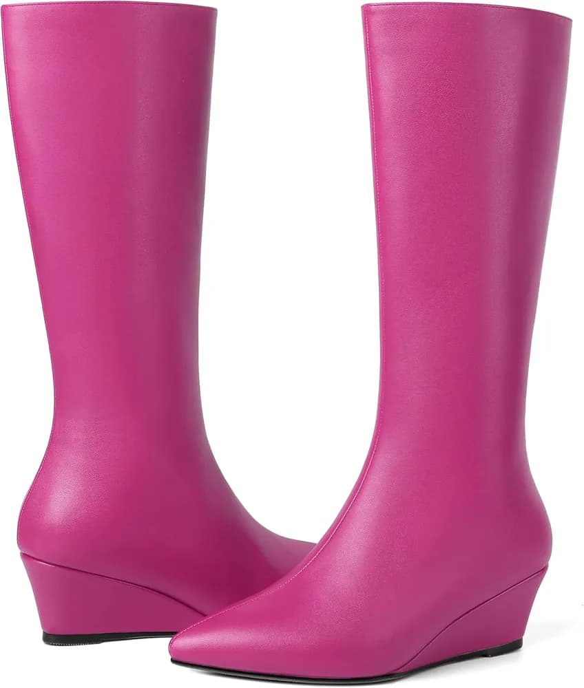 Womens Pointed Toe Office Casual Zip Matte Solid Wedge Low Heel Mid Calf Boots 2 Inch