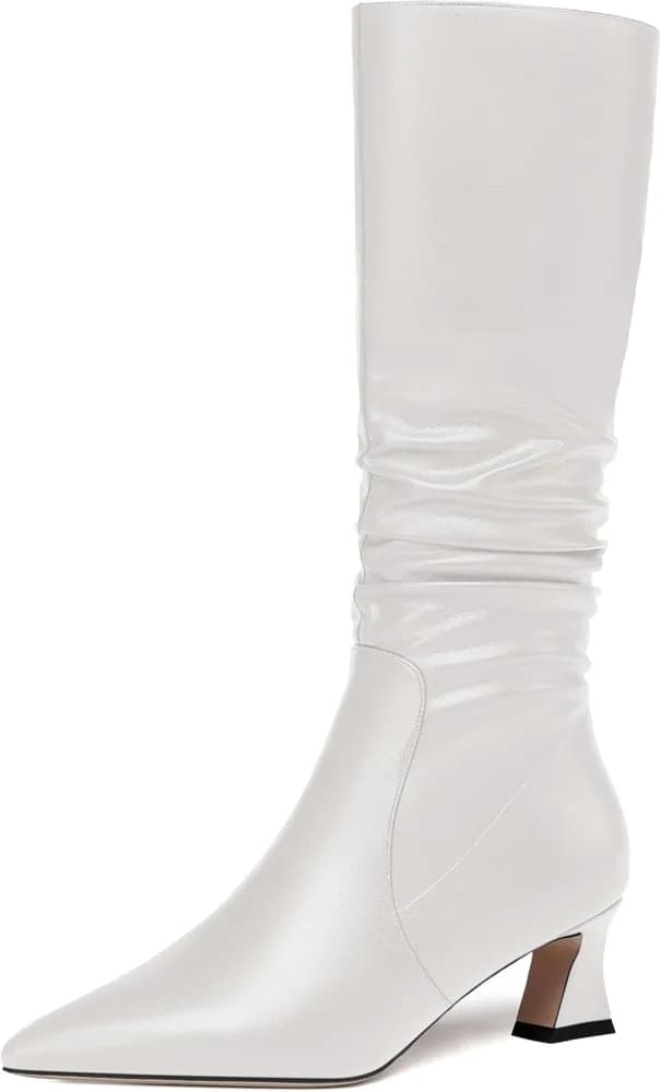 Womens Matte Zip Casual Bridal Fashion Pointed Toe Chunky High Heel Knee High Boots 2 Inch