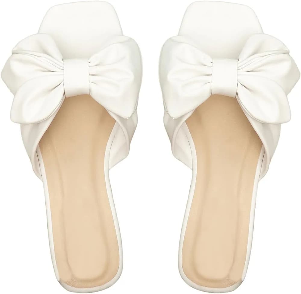 Women's Bow Flat Sandals Dressy Square Open Toe Wedding Dress Summer 2026 Comfortable Slip On Slide Sandals
