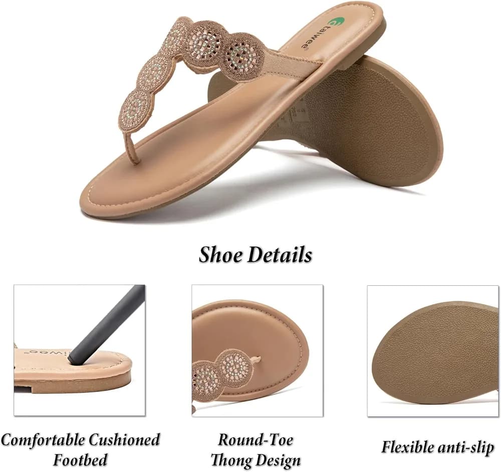 Women's Bohemian Bling Flat Slide Sandals - Casual Summer Thong Sandals with Rhinestone Decor, Rubber Sole, Lightweight & Comfortable for Casual Attire Strappy Sandals.