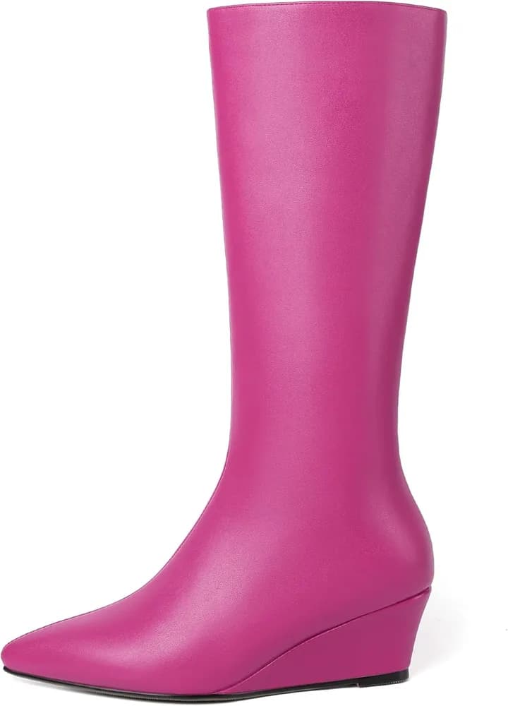 Womens Pointed Toe Office Casual Zip Matte Solid Wedge Low Heel Mid Calf Boots 2 Inch