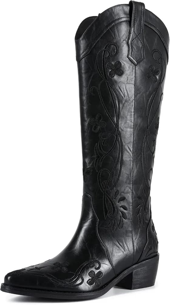 Cowboy Boots for Women Knee High Cowgirl Boots with Floral Embroidered Pointed Toe Low Chunky Heel Pull On Vintage Western Country Tall Boots-Wide Calf Friendly