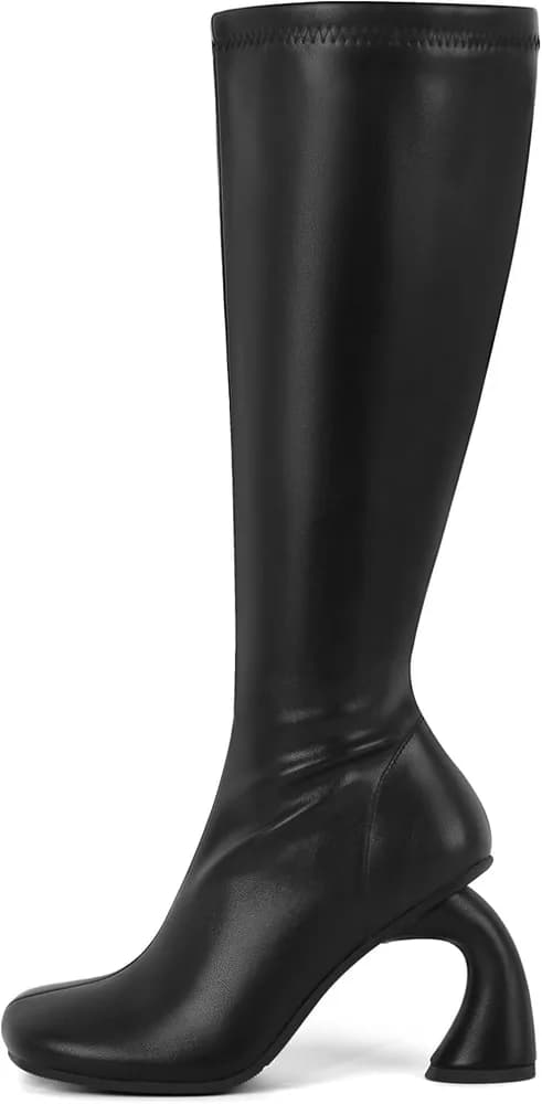 Knee High Boots for Women High Heel Boots 3.74 Inch PU Leather Retro Curved Heel for Fall Winter Outfits, Party, Club, Street Style & Fashion Show