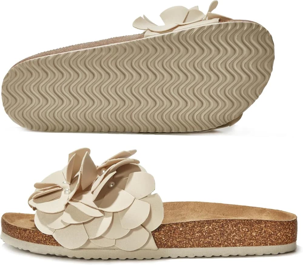 Slide Sandals for Women or Ladies Dressy Summer Casual, Cute Bow Tie Knot On Top Strap, Comfy Slip On Cork Foot Bed