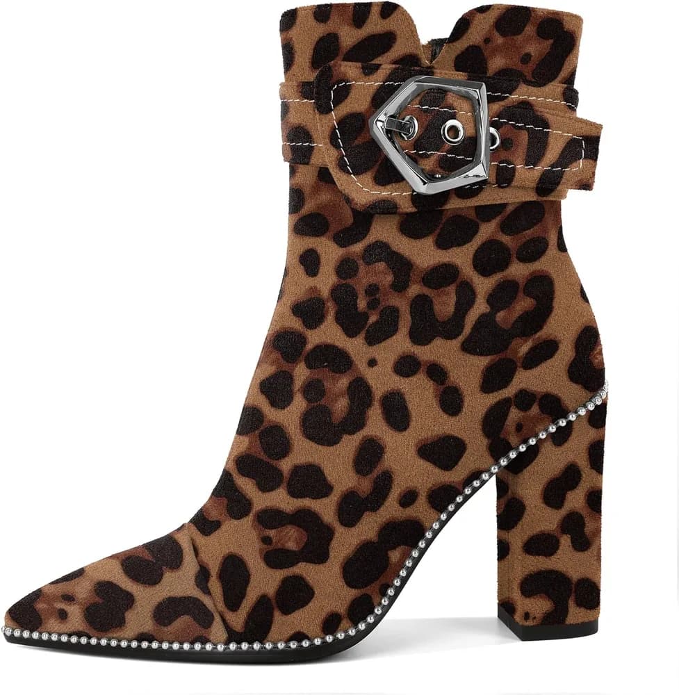 Womens Boots Ankle Chunky Heel Pointed Toe Beaded High Heeled Fall Short Booties