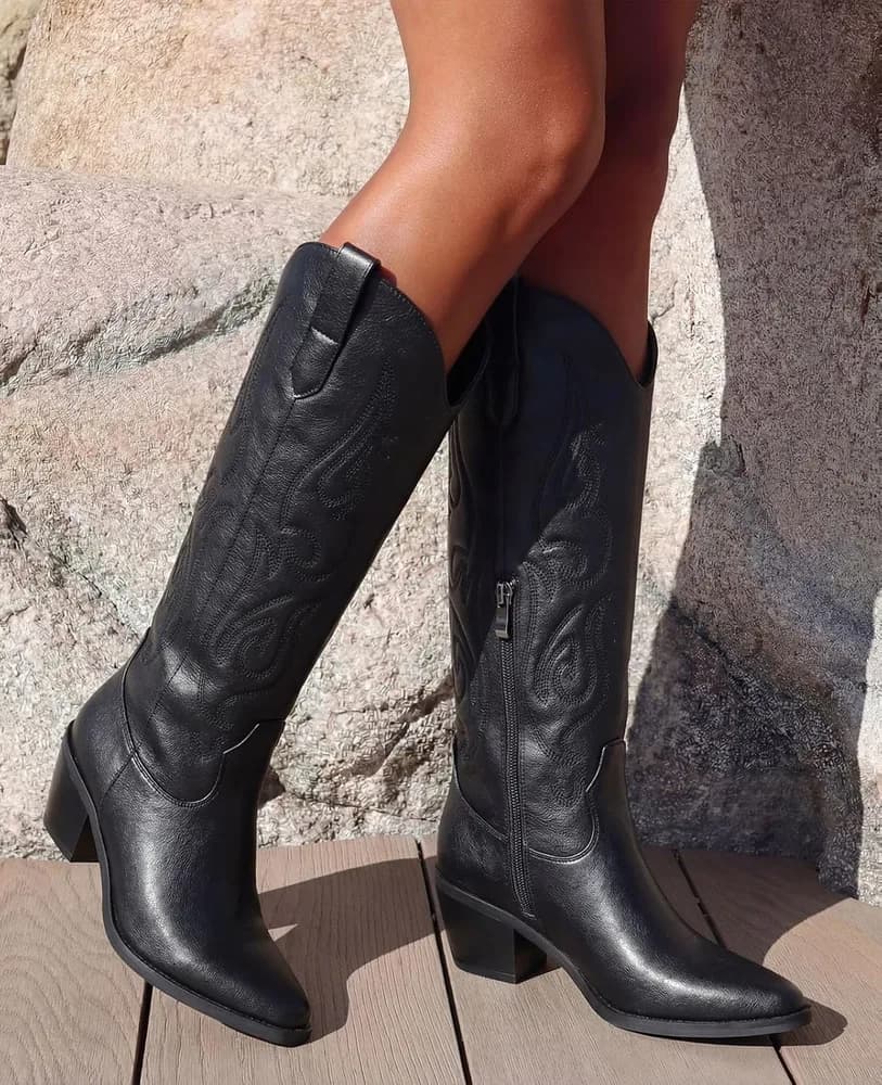 Western Cowboy Boots for Women - Knee High Wide Calf Cowgirl Boots, Slip On Pointed Toe Chunky Heel Fashion Retro Classic Pull On Tall Boot for ladies Party concert