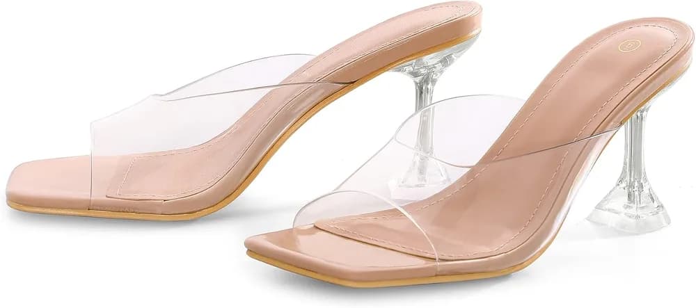 Women's Clear Heeled Sandals Square Toe Transparent Stiletto Mules Open Toe Slip on Dress Shoes