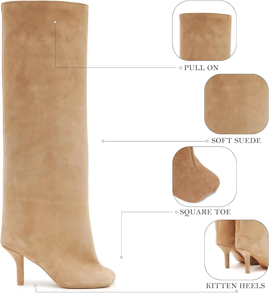 Women's Suede Knee High Boots Square Toe Stiletto Heels Wide Calf Tall Boots