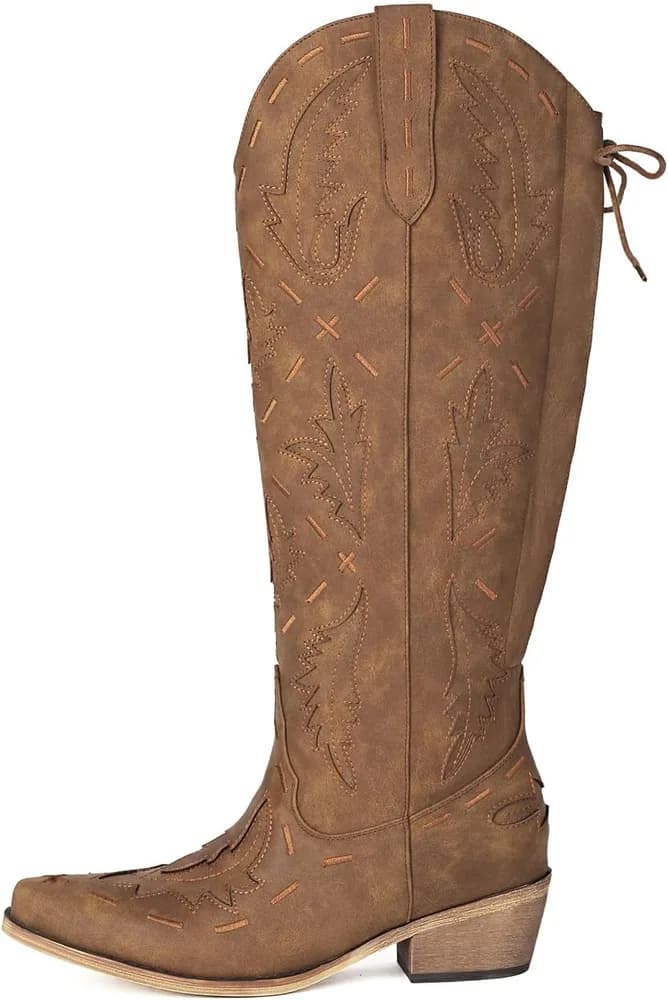 Cowboy Boots Women Knee High Embroidered Western Cowgirl Boot Back Lace Up Chunky Heels Pointed Toe Side Zipper