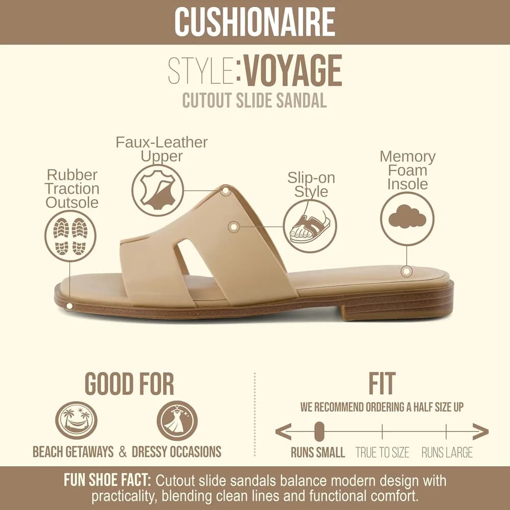Voyage Cutout Strap Slides for Women, Slip On Summer Flats, Trendy Footwear, Memory Foam Vegan Leather Comfortable Vacation Style Sandals
