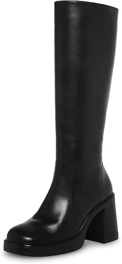 Black Leather Boots Platform Boots for Women Fashion Square Toe Chunky Block Heeled Boots Side Zip