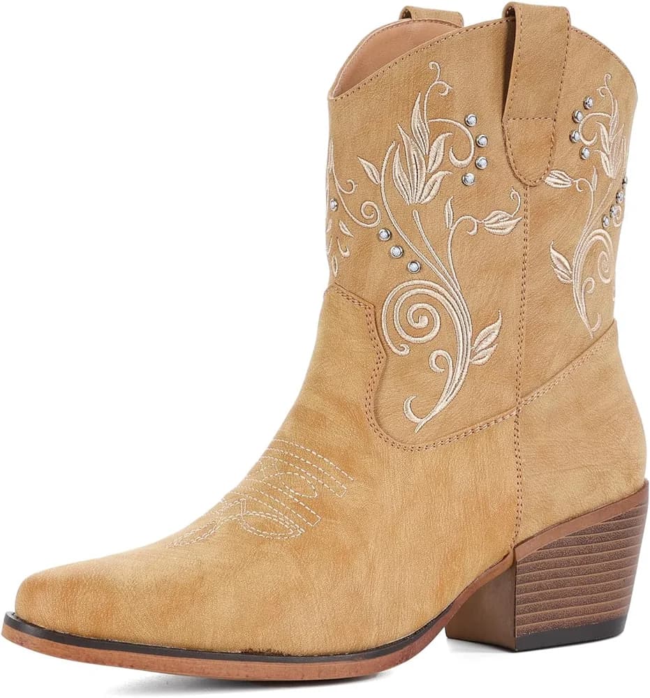 Cowboy Boots for Women Ankle Cowgirl Boots with Embroidered Rhinestone Decor Chunky Heel Snip Toe Classic Western Wide Booties
