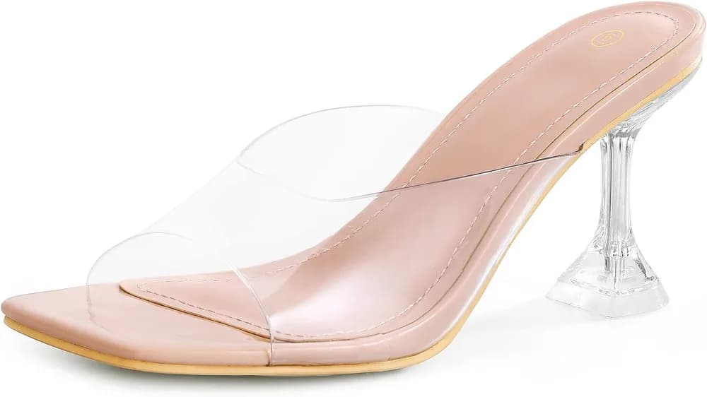 Women's Clear Heeled Sandals Square Toe Transparent Stiletto Mules Open Toe Slip on Dress Shoes