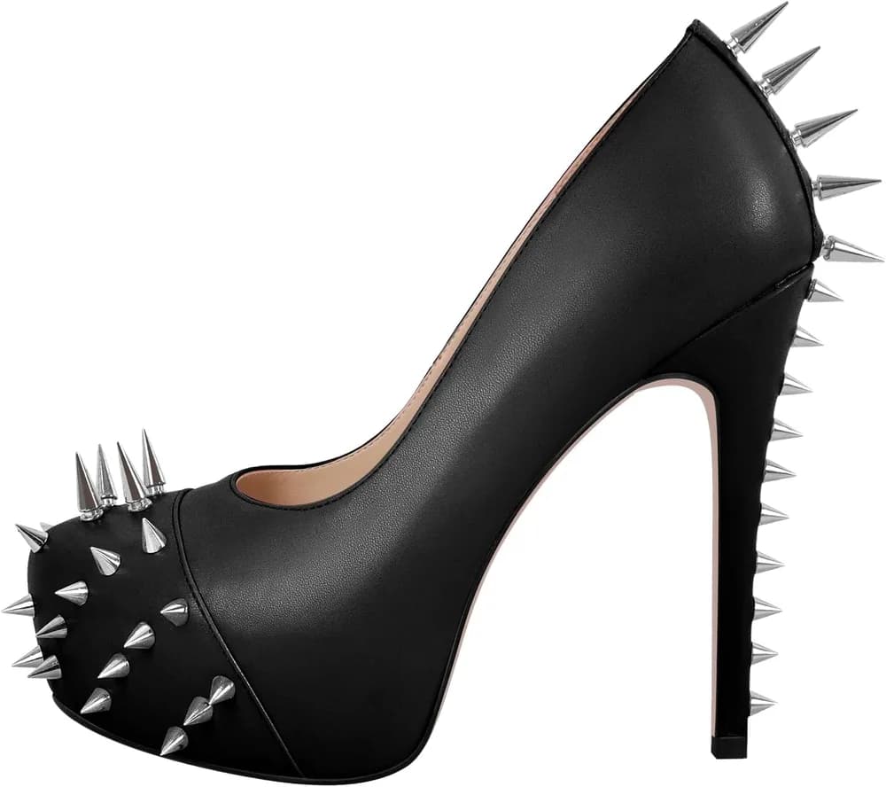 Women's Platform Pumps with Rivets Heel Slip On Studded Stiletto High Heels Wedding Shoes