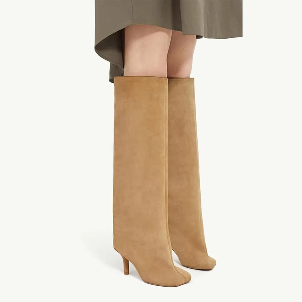 Women's Suede Knee High Boots Square Toe Stiletto Heels Wide Calf Tall Boots