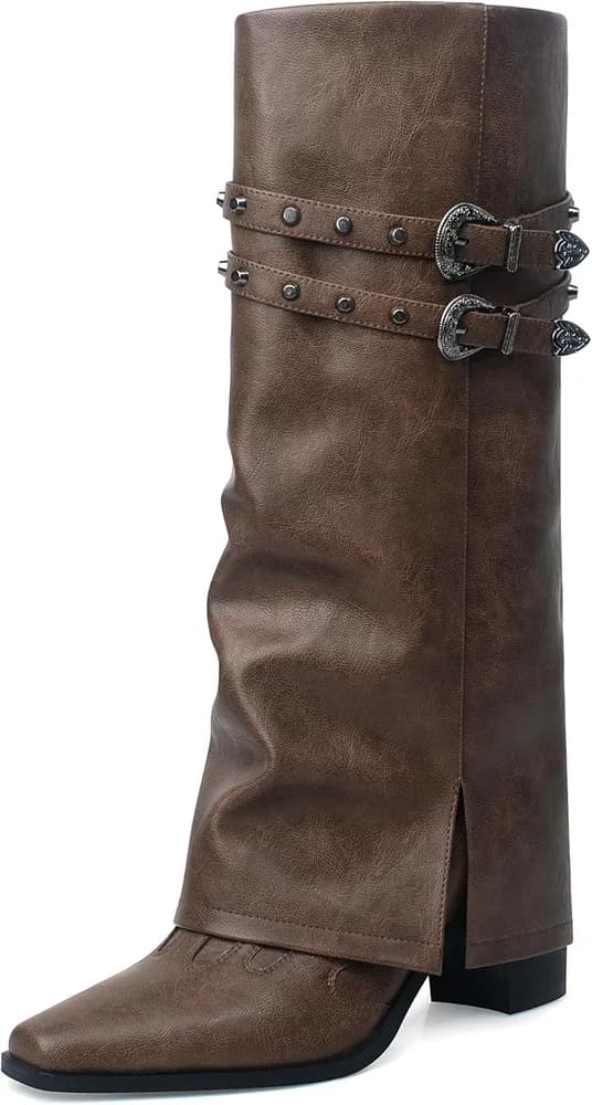 Fold Over Boots for Women Overlay Knee High Boot Chunky Block Mid Heel Pull On Tall Boots Foldover Wide calf Boots
