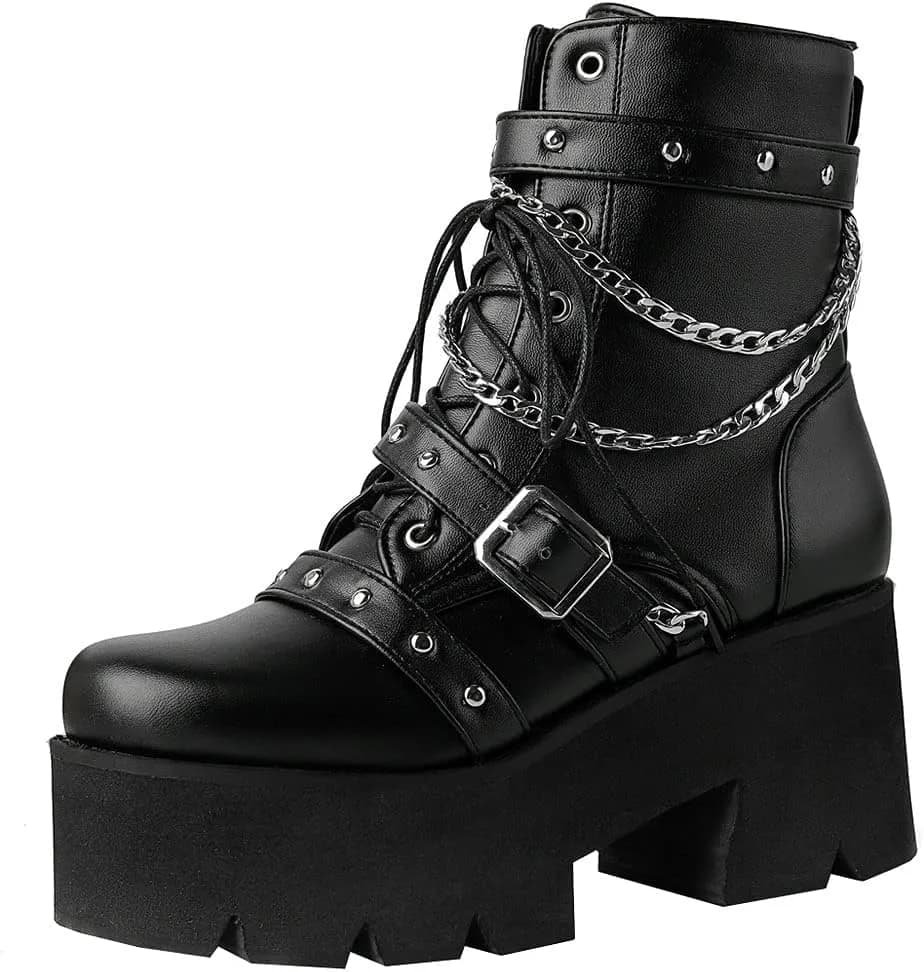 Women Buckle Goth Chunky Platform Ankle Boots Lace Up High Heel Motorcycle Boots with Chain