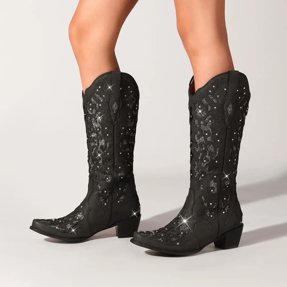 Cowboy Boots for Women, Mid Calf Cowgirl Boot Rhinestone, Comfortable Chunky Heel Western Boot with Glitter, Sparkle Boot for Dressy Woman