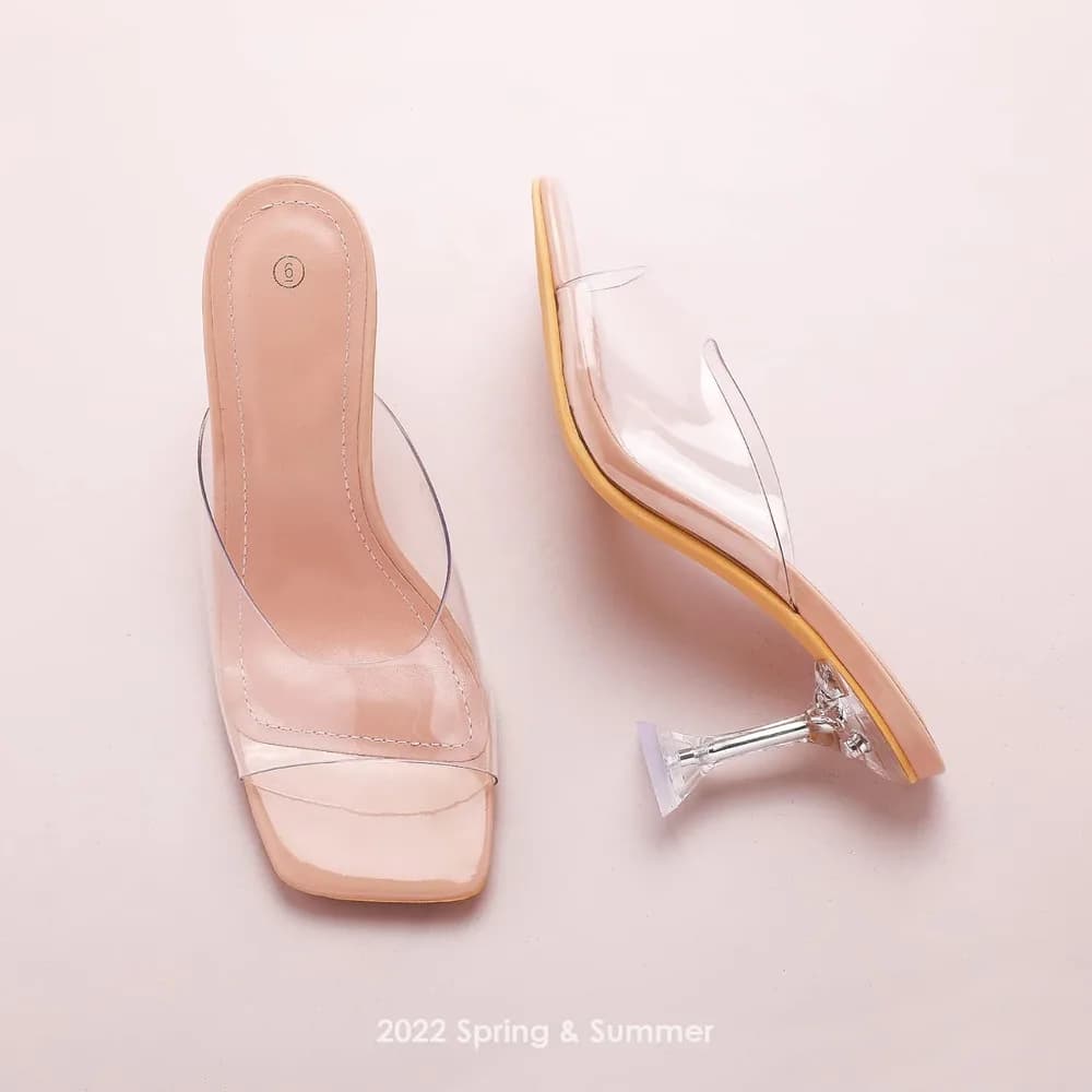 Women's Clear Heeled Sandals Square Toe Transparent Stiletto Mules Open Toe Slip on Dress Shoes