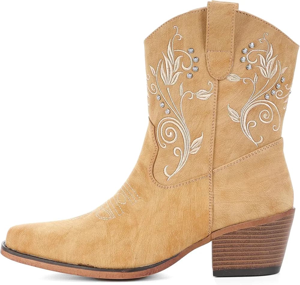 Cowboy Boots for Women Ankle Cowgirl Boots with Embroidered Rhinestone Decor Chunky Heel Snip Toe Classic Western Wide Booties