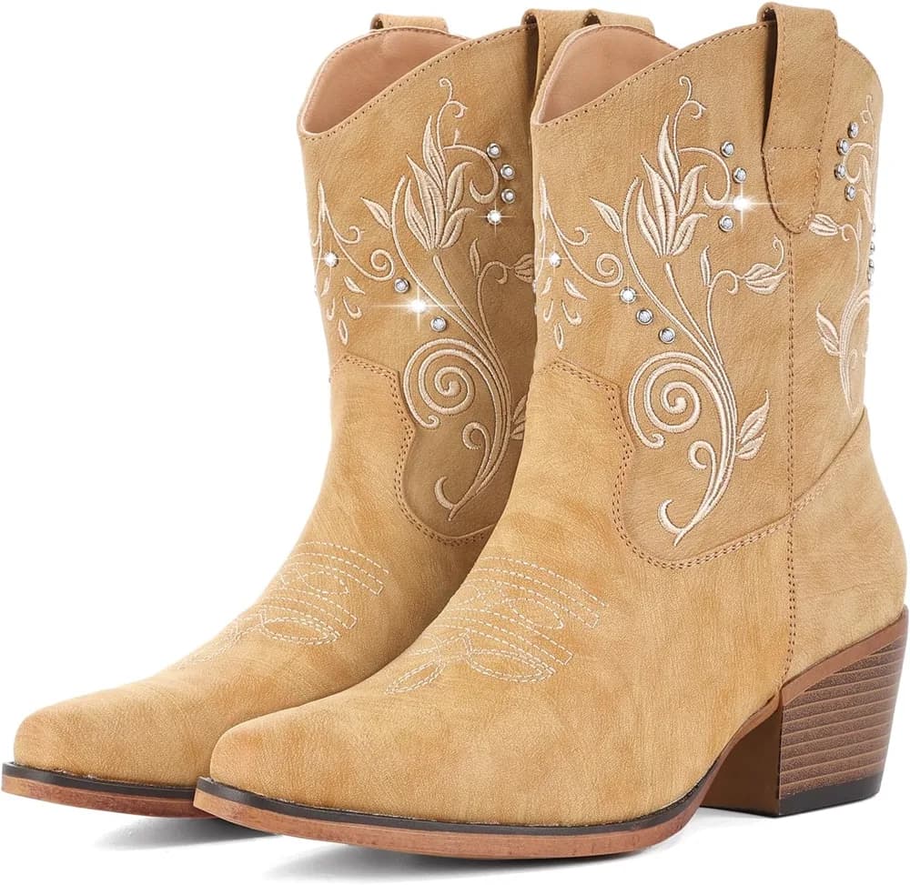 Cowboy Boots for Women Ankle Cowgirl Boots with Embroidered Rhinestone Decor Chunky Heel Snip Toe Classic Western Wide Booties