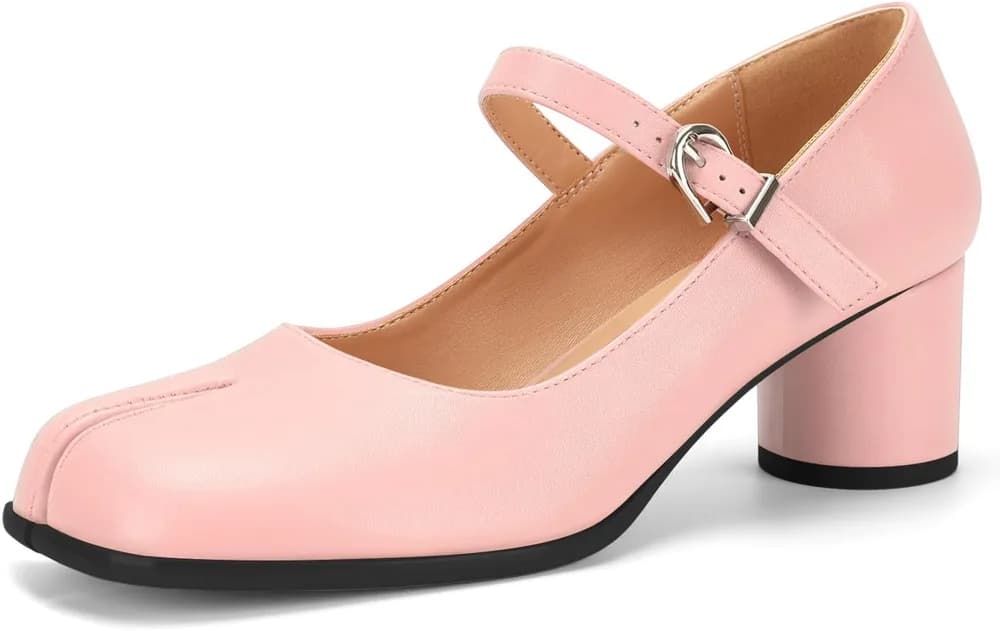 Women's Tabi Shoes Black Mary Janes Split Toe Heels Chunky Comfy Dress Pumps