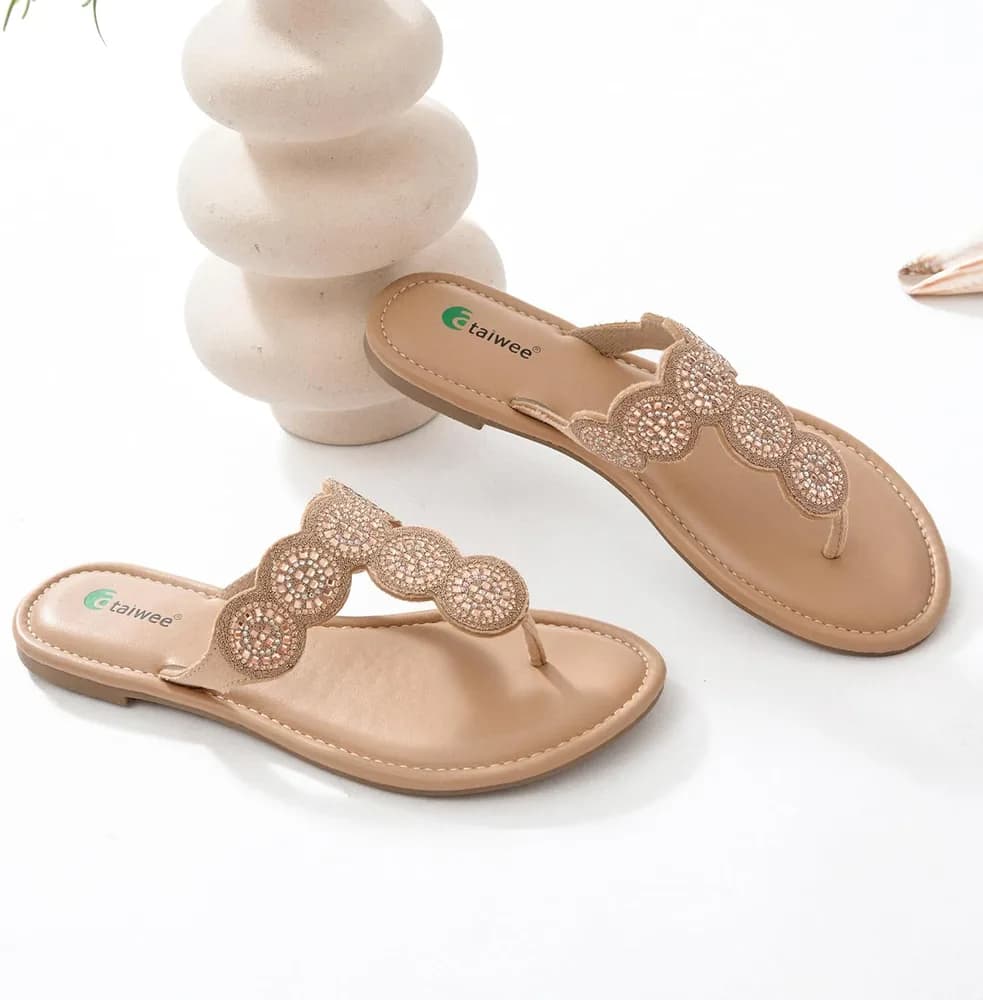 Women's Bohemian Bling Flat Slide Sandals - Casual Summer Thong Sandals with Rhinestone Decor, Rubber Sole, Lightweight & Comfortable for Casual Attire Strappy Sandals.