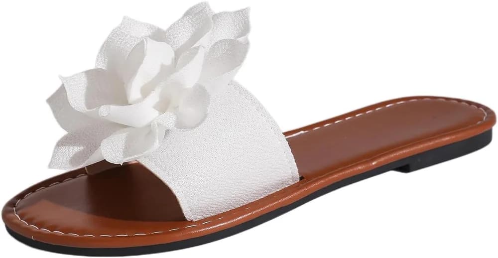 Women's Round Toe Flower Flat Sandals, Soft Slides Open-Toe Summer Slippers