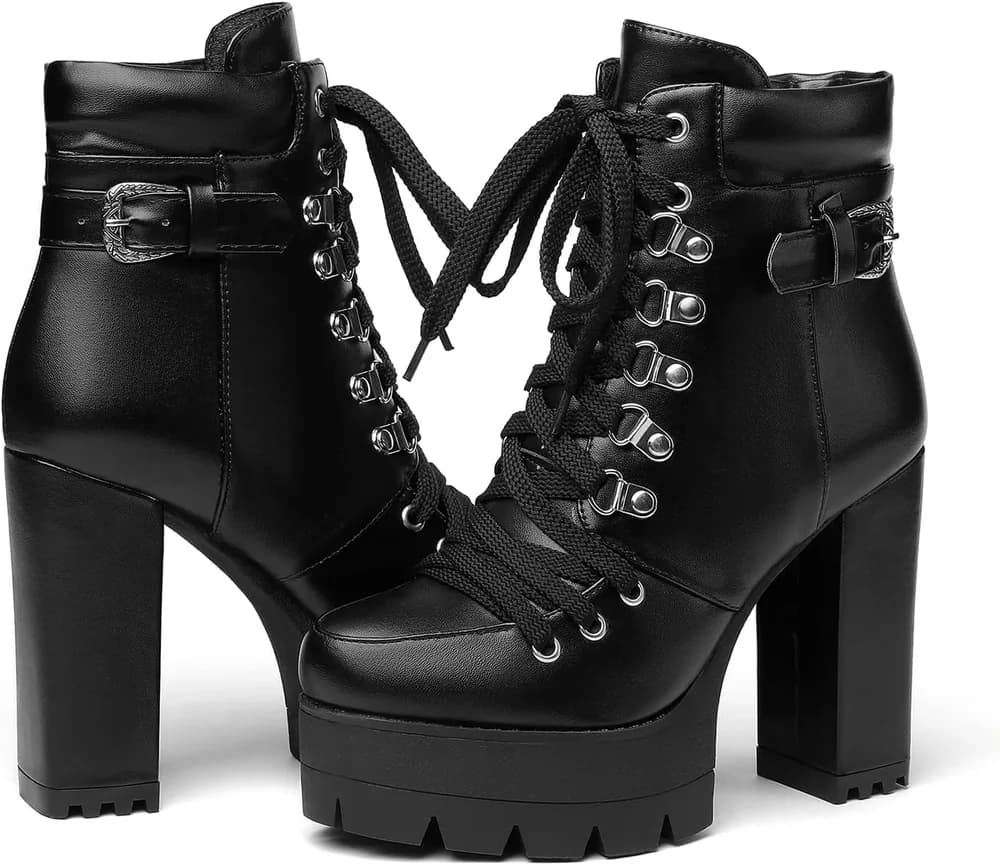 Sexy High Heels for Women Boots Round Toe Platform Booties Lace Up Suede Side Zipper Ankle Bootie