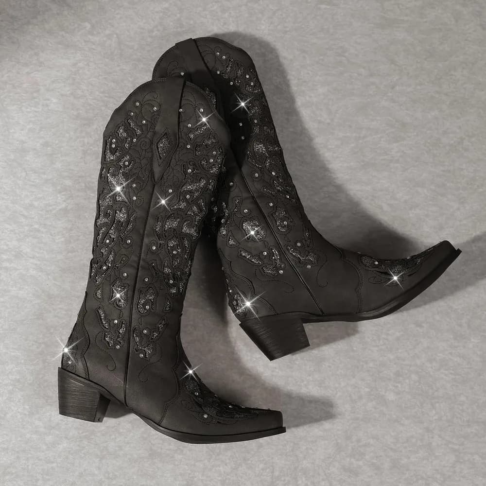 Cowboy Boots for Women, Mid Calf Cowgirl Boot Rhinestone, Comfortable Chunky Heel Western Boot with Glitter, Sparkle Boot for Dressy Woman