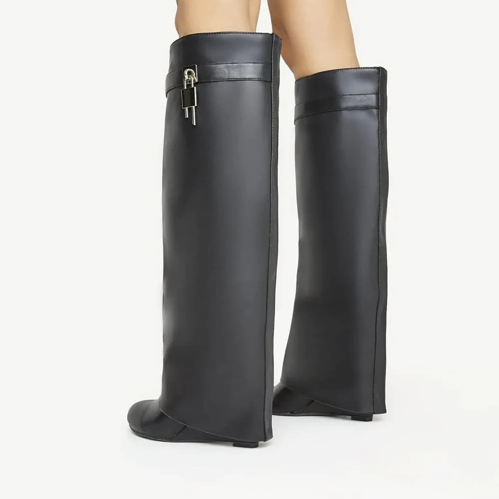 Fold Over Boots Wide-calf Wedge Heel Knee High Boot With Decorative Lock