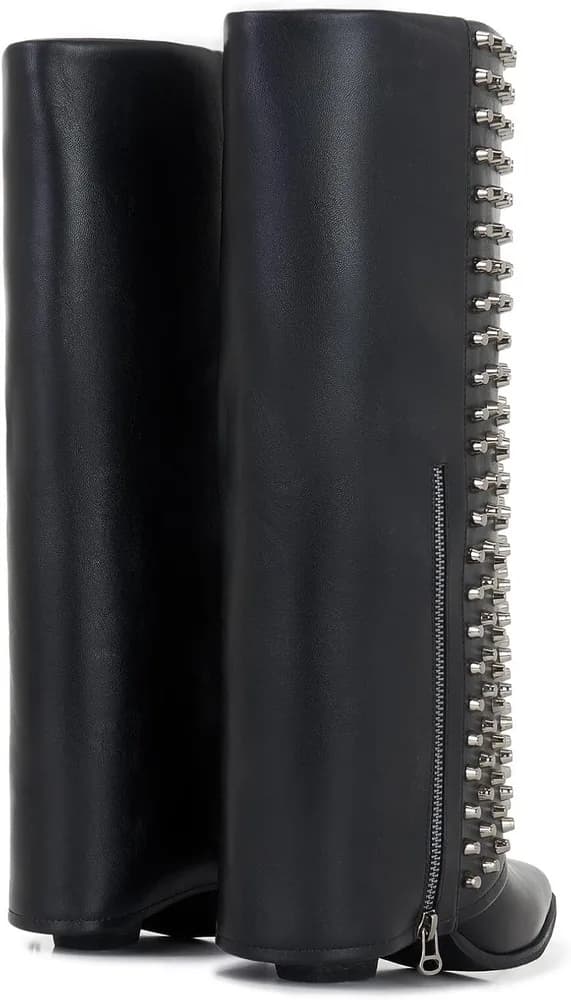 Studded Knee-High Shark Boots for Women – Rivet Punk Rock Leather Boots, Pointed Toe, Wedge Heel