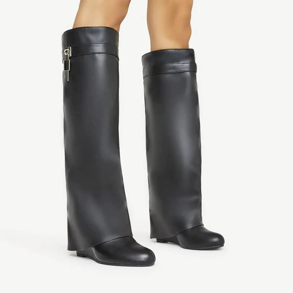 Fold Over Boots Wide-calf Wedge Heel Knee High Boot With Decorative Lock