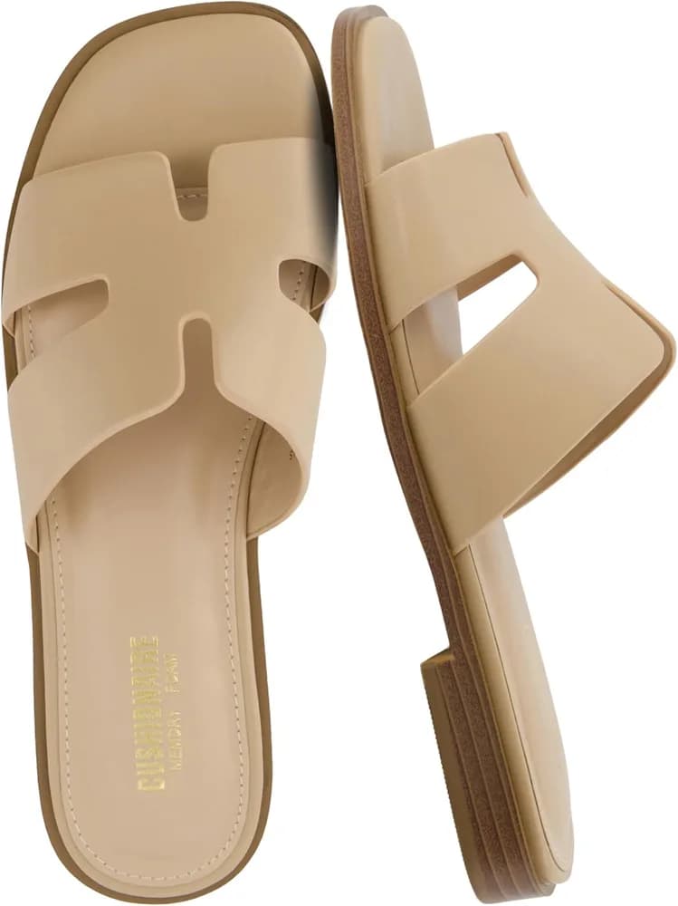 Voyage Cutout Strap Slides for Women, Slip On Summer Flats, Trendy Footwear, Memory Foam Vegan Leather Comfortable Vacation Style Sandals