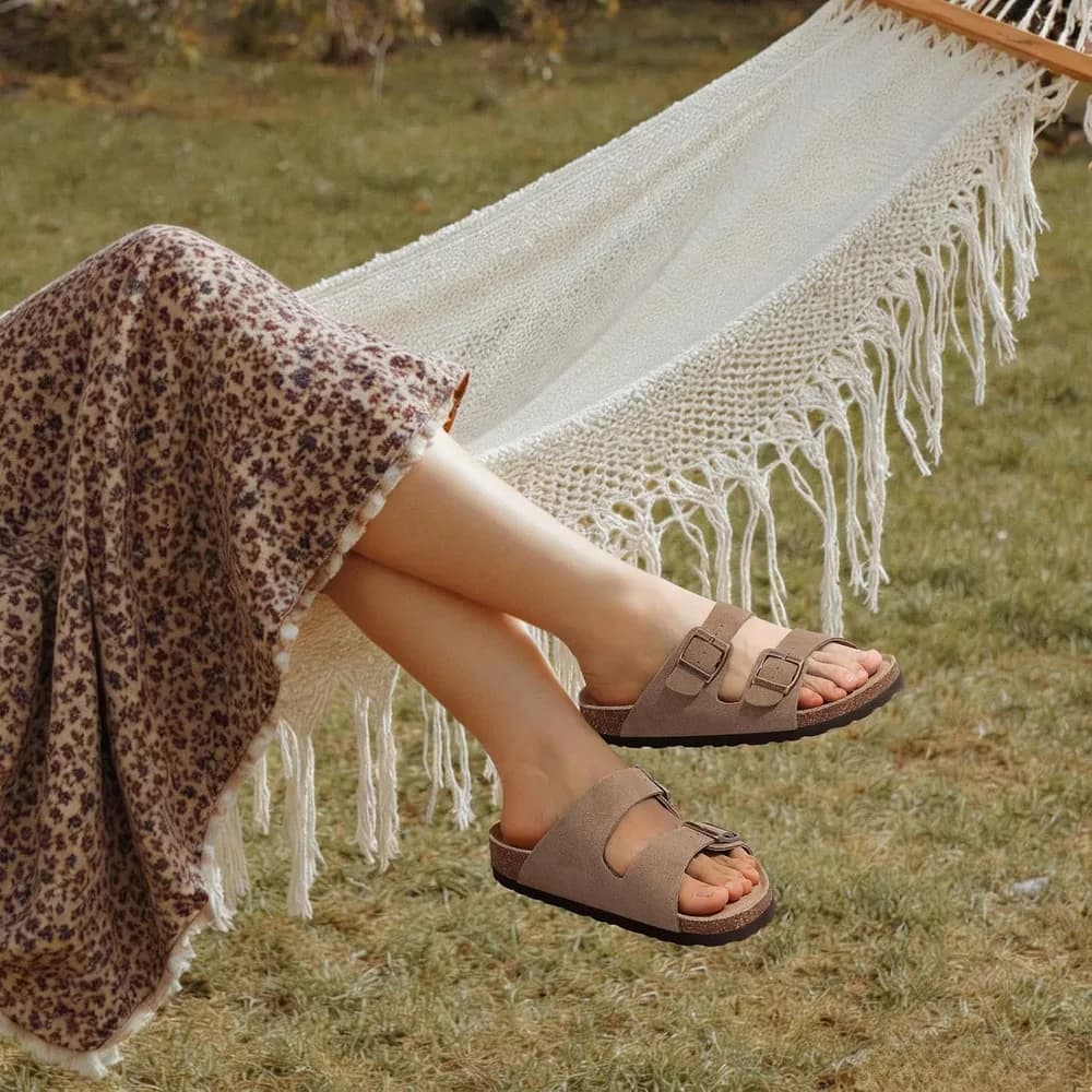 Unisex Summer Sandals Arch Support Cork Footbed Slide Sandals with Double Adjustable Buckle for Women