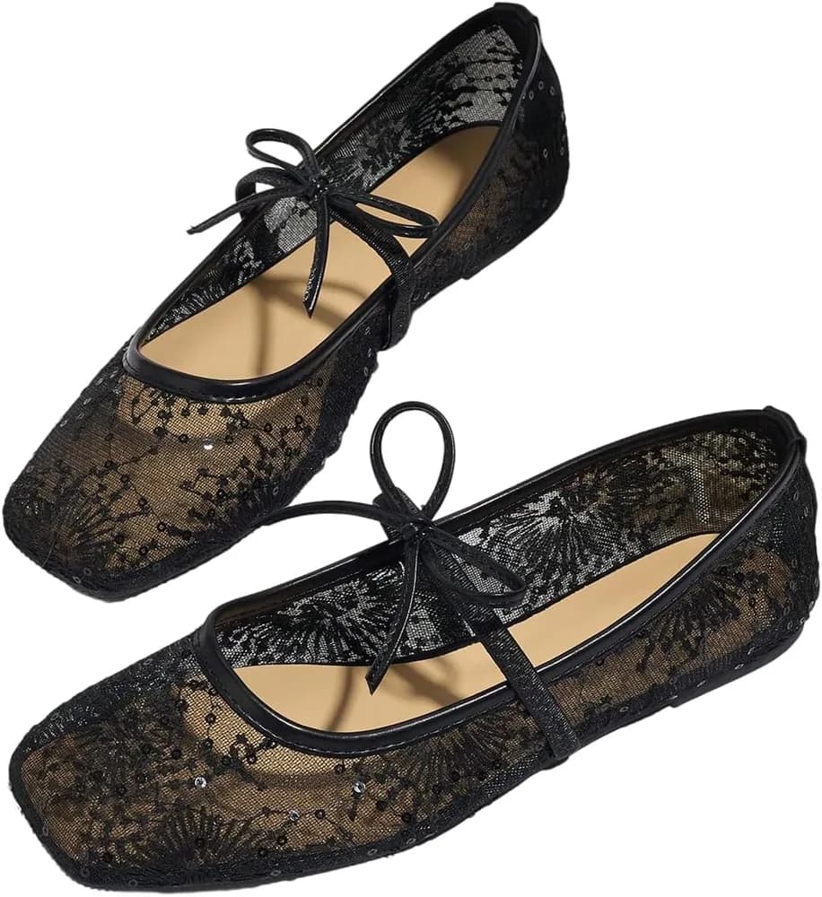 Women's Polka Dots Mesh Ballet Flats Bowknot Pointed Toe Ballerina Flats Closed Toe Comfortable Casual Work Shoes