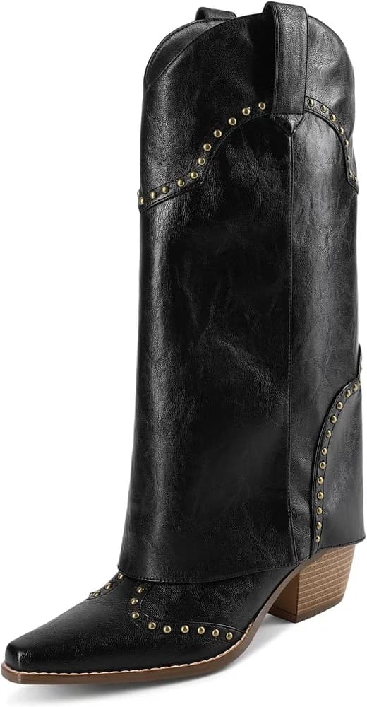Knee High Cowboy Boots for Women, Fold Over Shark Boots Mid Calf Chunky Heel Pointed Toe Dress Tall Boots for Daily Dress & Party