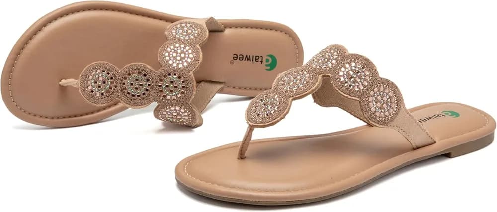 Women's Bohemian Bling Flat Slide Sandals - Casual Summer Thong Sandals with Rhinestone Decor, Rubber Sole, Lightweight & Comfortable for Casual Attire Strappy Sandals.