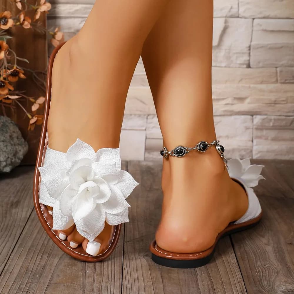 Women's Round Toe Flower Flat Sandals, Soft Slides Open-Toe Summer Slippers