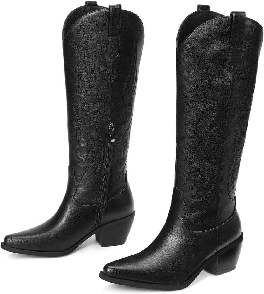 Western Cowboy Boots for Women - Knee High Wide Calf Cowgirl Boots, Slip On Pointed Toe Chunky Heel Fashion Retro Classic Pull On Tall Boot for ladies Party concert