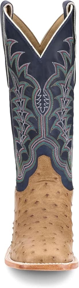 Boot Company Men`s Chisolm Tan Full Quill Ostrich 13in Navy Blue Cowhide Top